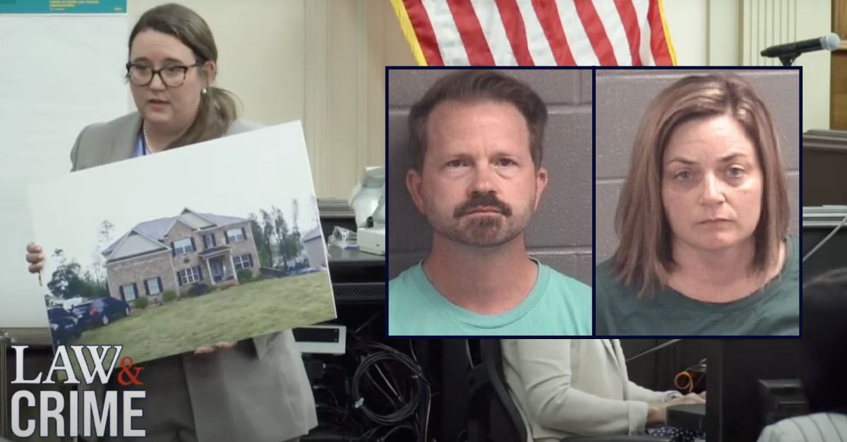 Tyler Schindley, connected  the left, and Krista Schindley, connected  the right, look  successful  booking photos inset against an representation  of a authoritative   during opening   statements successful  their attempted execution  trial.