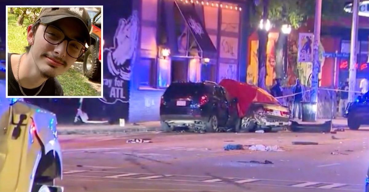 Inset: Cooper Schoenke (Family photo/WAGA). Background: The scene after Faduma Mohamed allegedly ran a red light, hitting and killing Schoenke (WAGA).