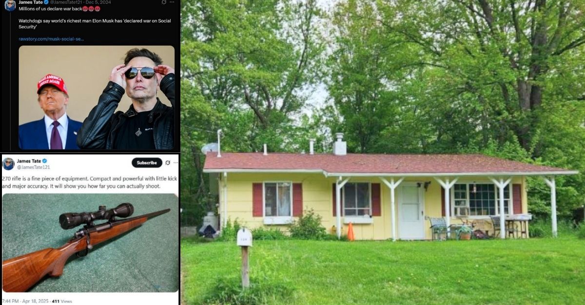 Clockwise from top left: An X post that authorities say was allegedly made by Brian Tate. The home of Brian Tate, 49, in High Falls, N.Y., where he lived at the time of his arrest. Another threatening message that Brian Tate allegedly posted on X last month ((Northern District of New York/FBI).