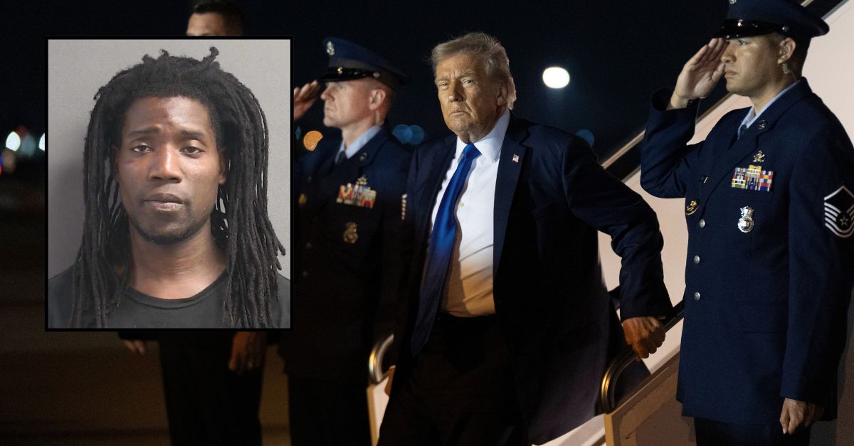 Tranard Dell appears inset against an image of Donald Trump arriving in Florida.