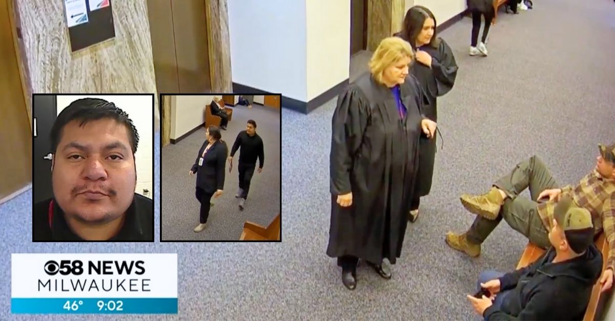  Surveillance video shows Milwaukee County Judge Hannah Dugan speaking with ICE agents earlier  Eduardo Flores-Ruiz's detainment (WDJT/YouTube). Left inset: Eduardo Flores-Ruiz (Department of Homeland Security). Right inset: Surveillance video showing Eduardo Flores-Ruiz leaving the Milwaukee County courthouse (WDJT/YouTube). 