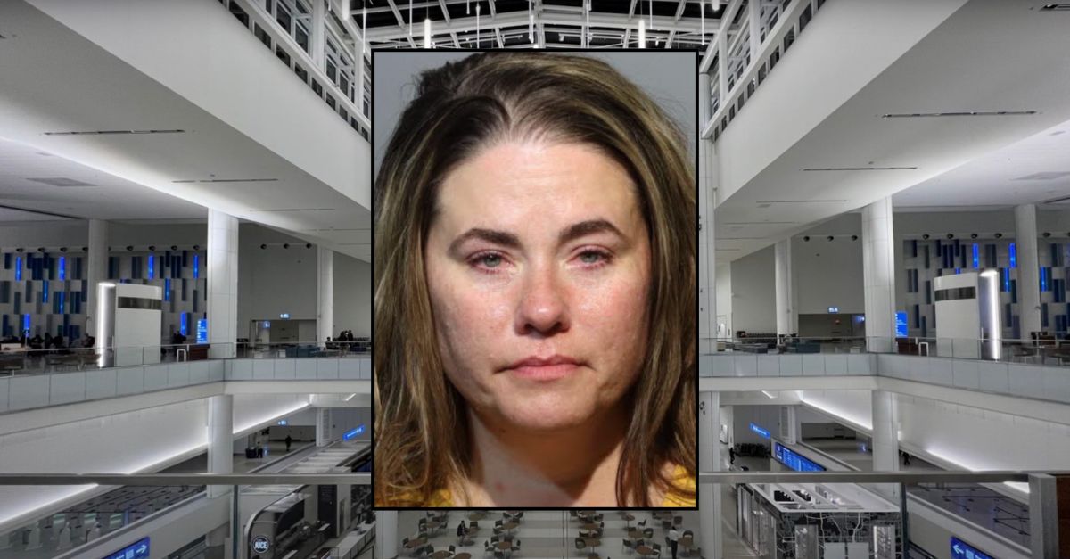 Inset: Kristy L. Crampton (Sanford Airport Police). Background: Orlando International Airport, Terminal C (OrlandoAviation/Youtube).