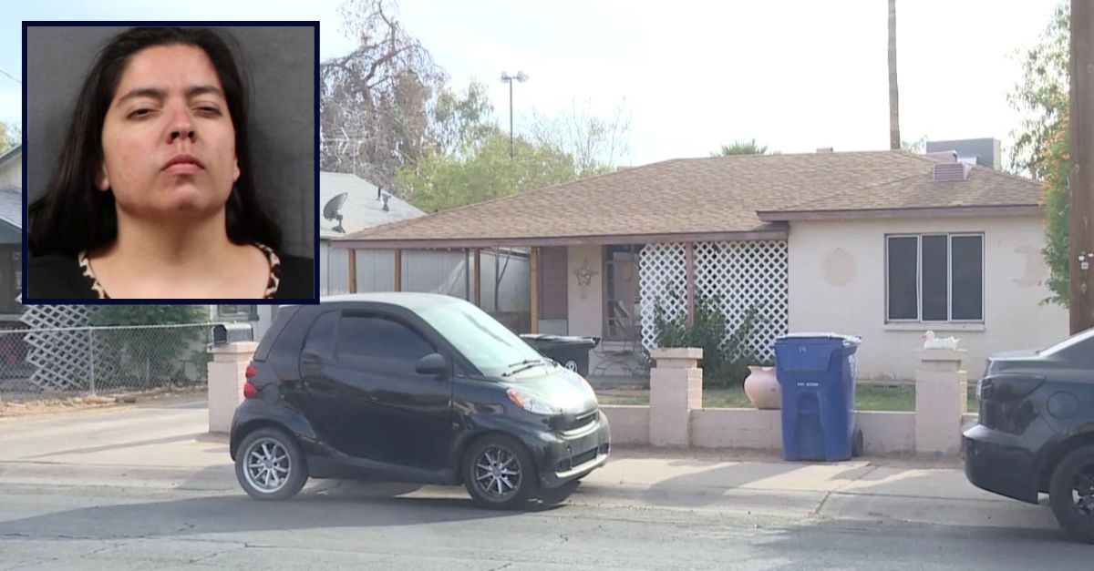 Inset: Erica Encinas (Maricopa County Jail). Background: The home in Mesa, Arizona where Encinas allegedly tried to kill her 8-year-old son (KTVK).