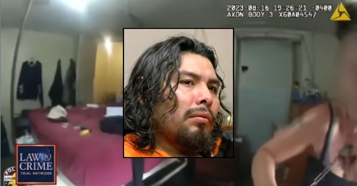 Inset: Moises May in court (WDRB/YouTube). Background: Bodycam footage of police discovering Jonna Wilson chained to the floor (Louisville Metropolitan Police Department).
