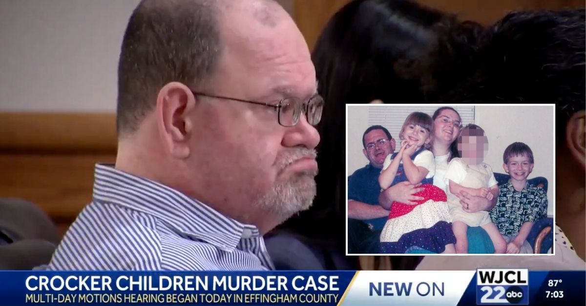 Inset: Elwyn Crocker Sr. with his wife and kids (Facebook). Background: Elwyn Crocker Sr. in court on Monday, May 19, 2025 (WJCL/YouTube).