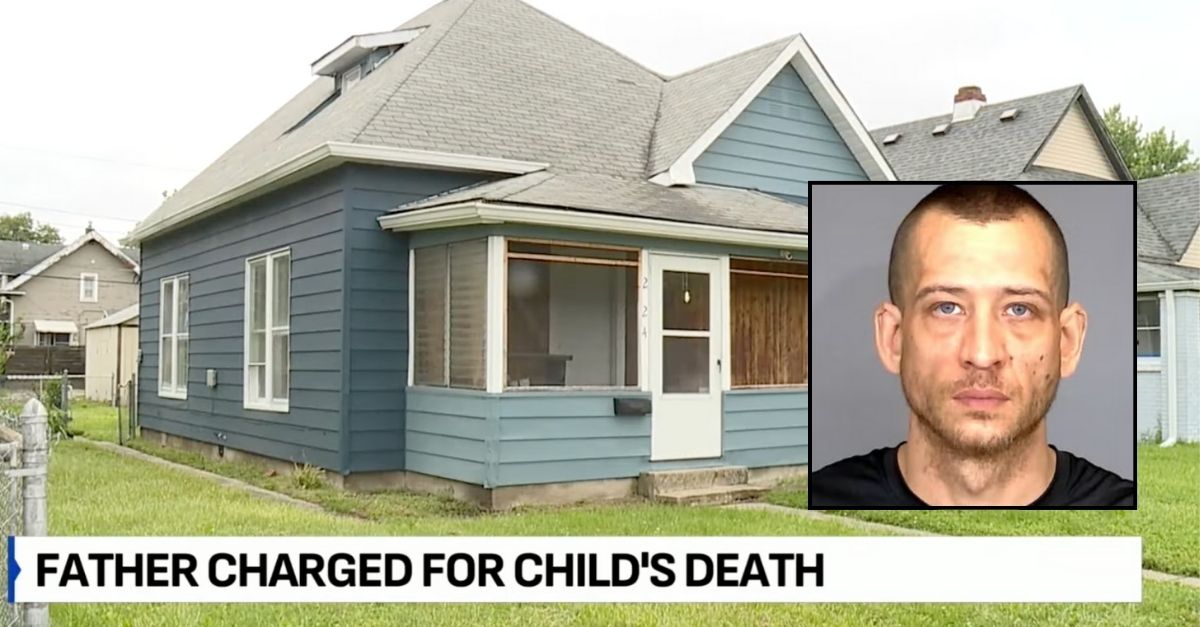 Inset: Zachary Arnold (Indianapolis Metro Police Department). Background: The east Indianapolis home where Zachary Arnold lived and allegedly killed his daughter (WXIN/YouTube).
