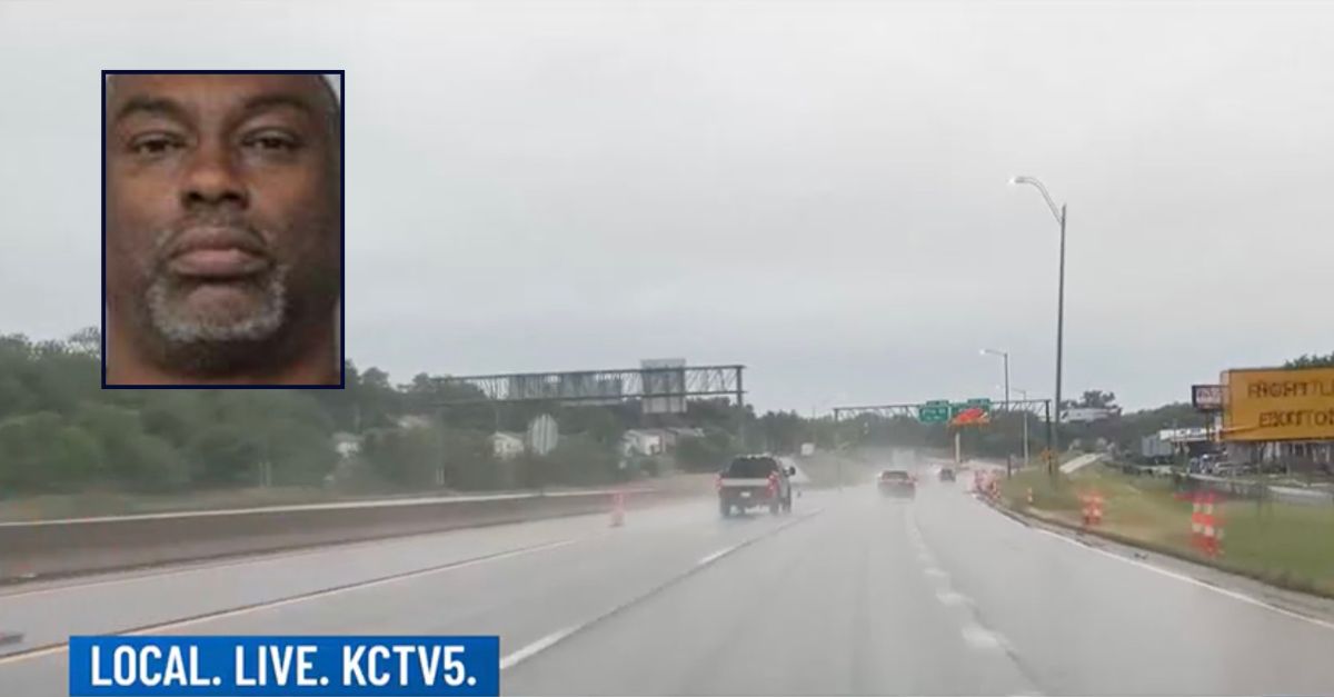 Inset: Roy Anderson, Jr. (Jackson County, Missouri Department of Corrections). Background: The area of Interstate 70 where Anderson allegedly shot at another driver in a road rage incident (KCTV).