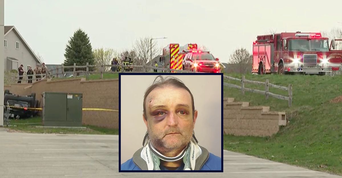 Inset: Jeffrey Endres (Dane County Jail). Background: Authorities responding to the scene of the crash (WMTV).