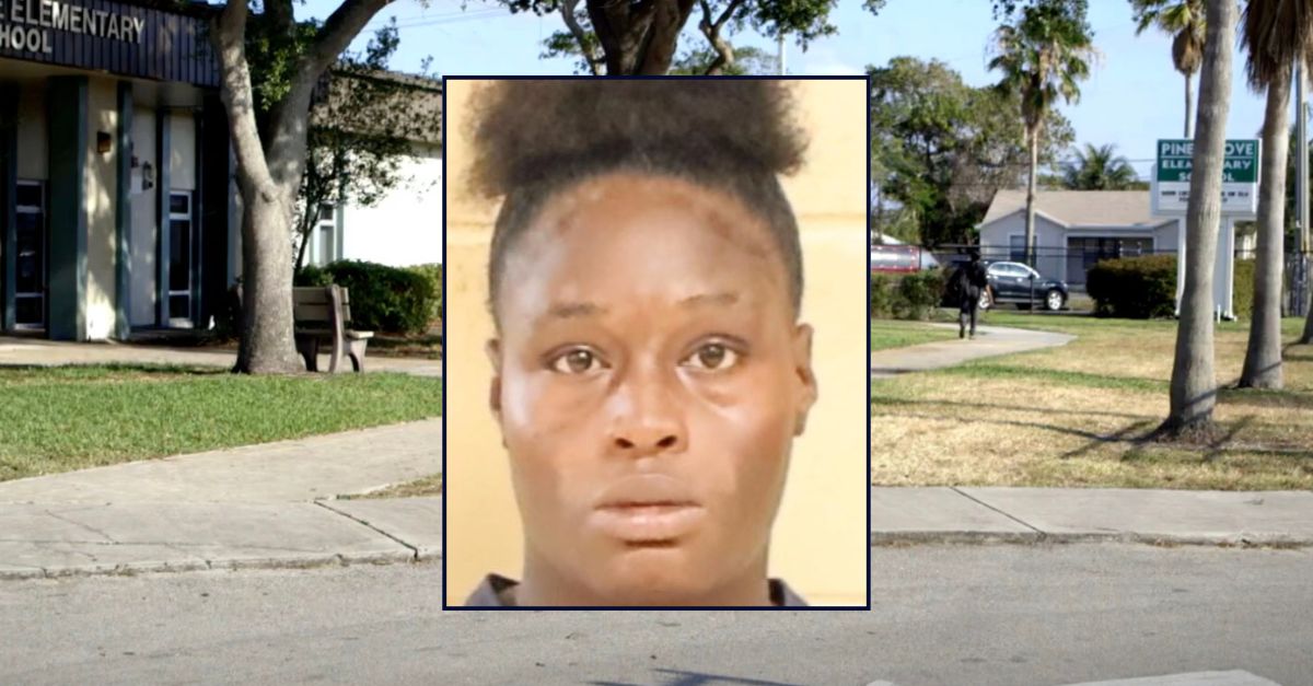 Inset: Lejonkica Sharp (Shreveport Police Dept.). Background: The Elementary school where Sharp allegedly tried to run over several elementary school students (Google Maps).