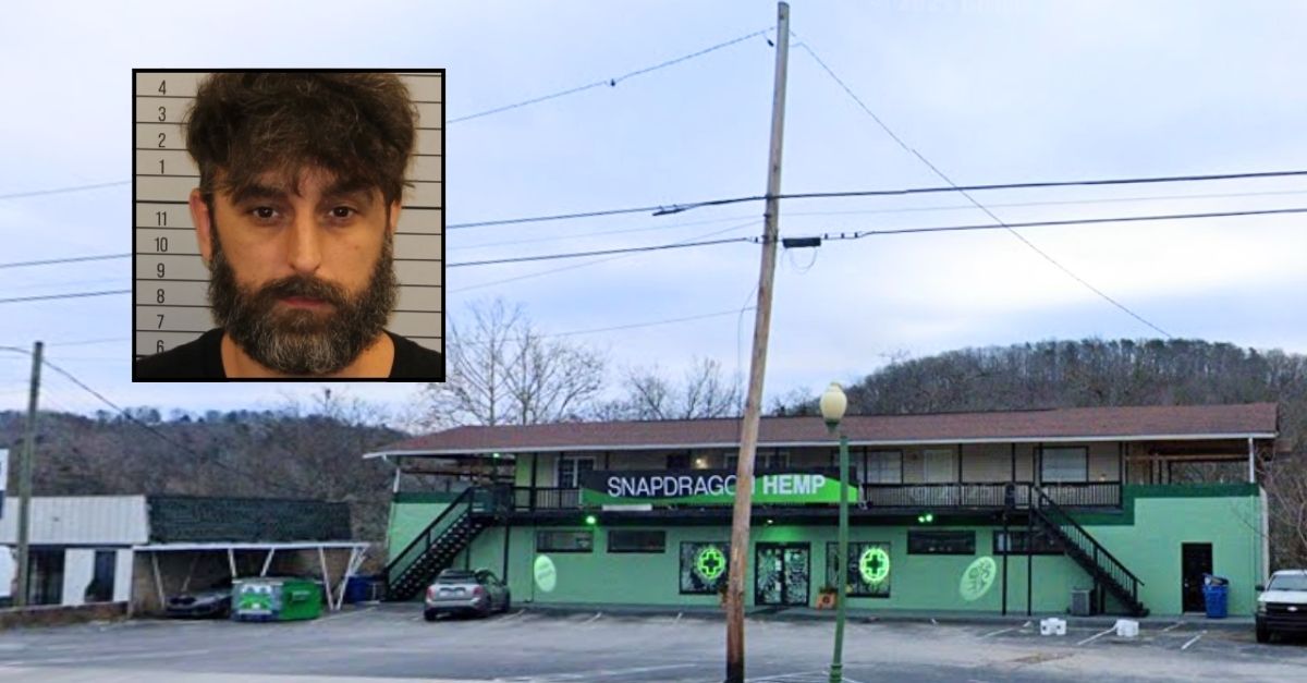 Inset: Christopher Guest (Hamilton County Jail). Background: The Snapdragon Hemp store in Red Bank, Tenn., that Christopher Guest allegedly targeted after being fired last month (Google Maps).