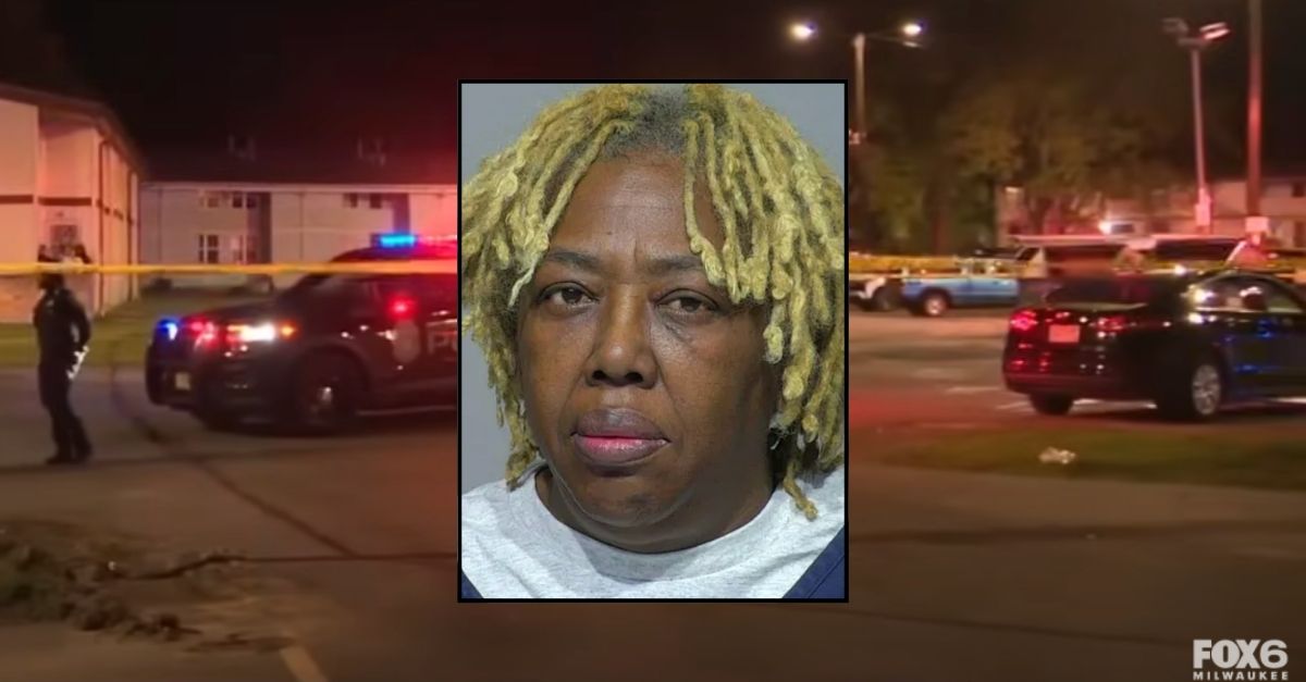 Inset: Doris Winters (Milwaukee County). Background: Cops at the Milwaukee apartment complex where Doris Winters allegedly shot her husband on May 31 (WITI/YouTube).