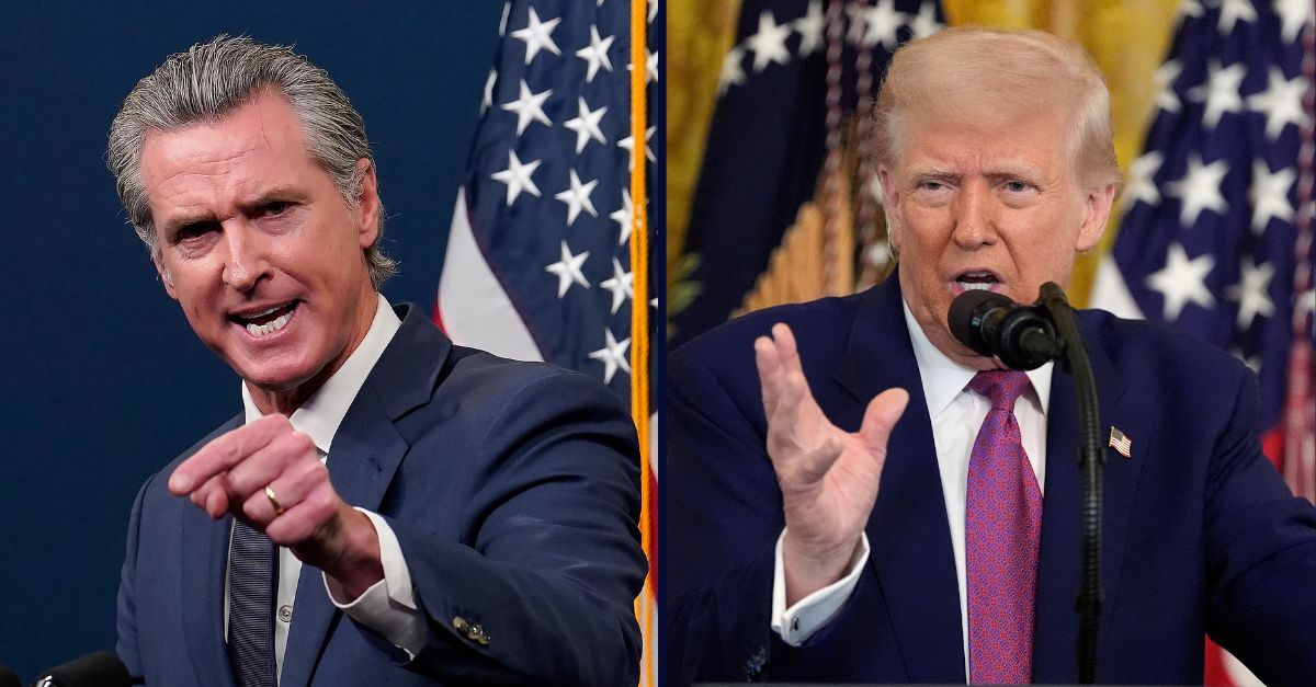 Left: FILE - Calif. Gov. Gavin Newsom presents his revised state budget during a news conference in Sacramento, Calif., Wednesday, May 14, 2025 (Photo/Rich Pedroncelli, File). Right: President Donald Trump speaks during an event to sign a bill blocking California