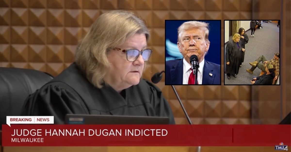 Background: Milwaukee County Judge Hannah Dugan in court (WTMJ/YouTube). Left inset: Donald Trump speaks at the annual Road to Majority conference in Washington, DC, in June 2024 (Allison Bailey/NurPhoto via AP). Right inset: Surveillance video shows Milwaukee County Judge Hannah Dugan speaking with ICE agents before Eduardo Flores-Ruiz