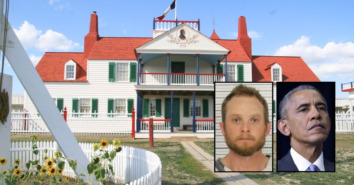 Left inset: Ian Stewart (Williams County Correctional Center). Right: Barack Obama (MANDEL NGAN/AFP/Getty Images). Background: Fort Fort Union Trading Post National Historic Site in Williston, N.D. (National Park Service).