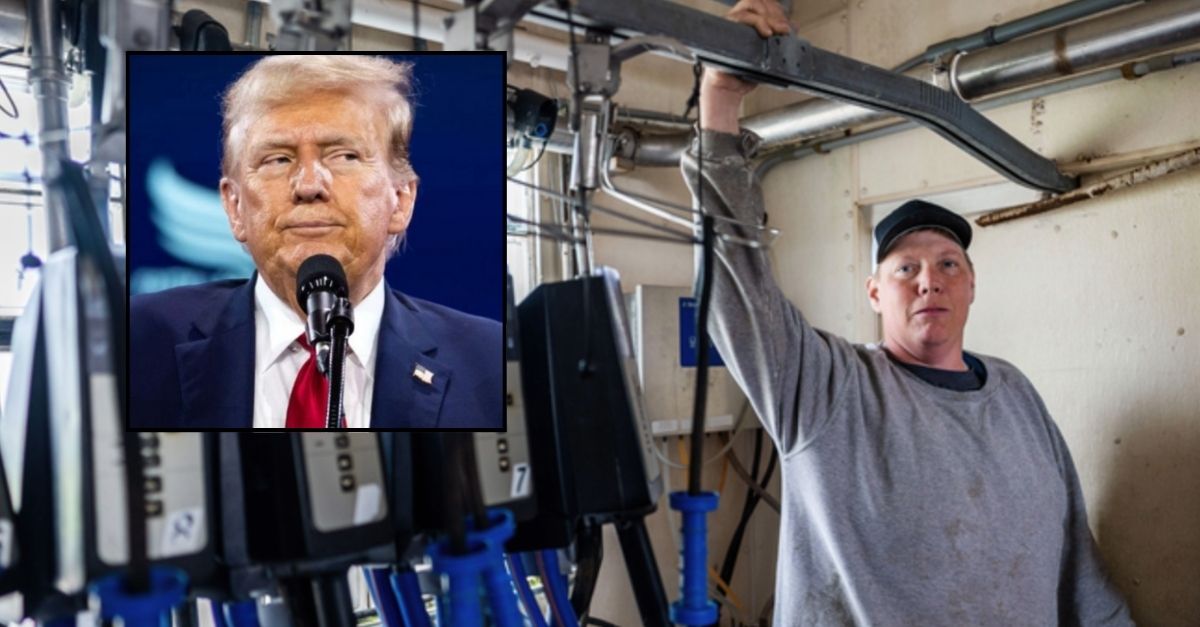 Background: A farmer in Wisconsin, where the Trump Administration’s Department of Agriculture (USDA) is being sued over "discriminatory programs" that deny financial assistance to farmers based on race and sex, according to the suit (Wisconsin Institute for Law and Liberty). Inset: Left: Donald Trump speaks at the annual Road to Majority conference in Washington, DC, June 22, 2024. (Allison Bailey/NurPhoto via AP).