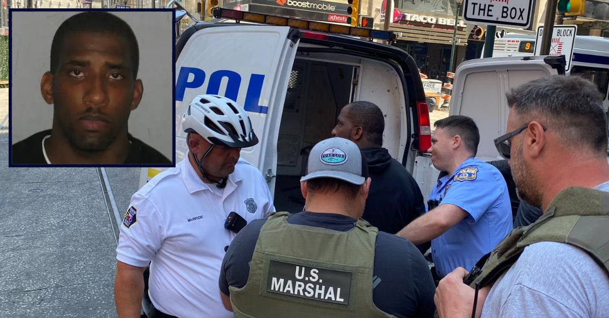 Inset: Timothy Taylor (CrimeStoppers). Background: Taylor being arrested by police and U.S. Marshals in Philadelphia in June 2023 (U.S. Marshals Service).
