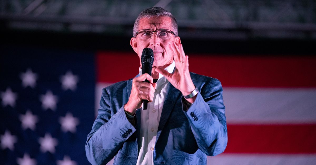 Former Trump National Security Advisor and retired three-star Lt. Gen. Michael Flynn speaks at the annual Rod of Iron Festival in Greeley, Pennsylvania, on October 11, 2024, where a showing of the documentary