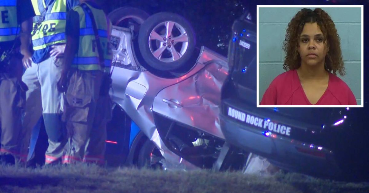 Inset: Kearra Thomas (Williamson County Jail). Background: Authorities responding to the scene of the fatal crash early Sunday morning.