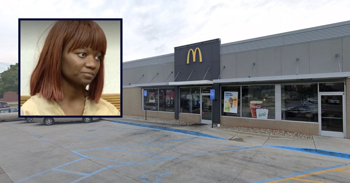 Inset: Afeni Badu Muhammad appearing in court for her probable cause hearing on July 23, 2025 (WDIV). Background: The McDonald