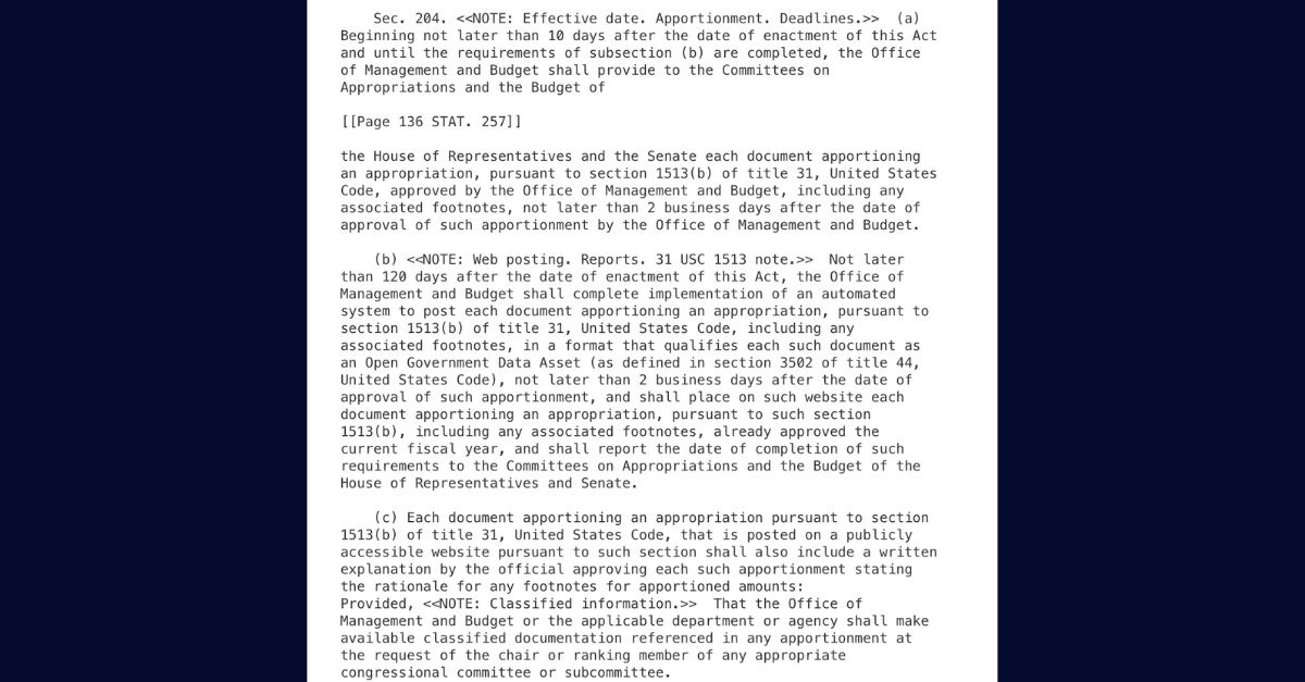 The portion of the 2022 congressional act that required OMB disclosure.
