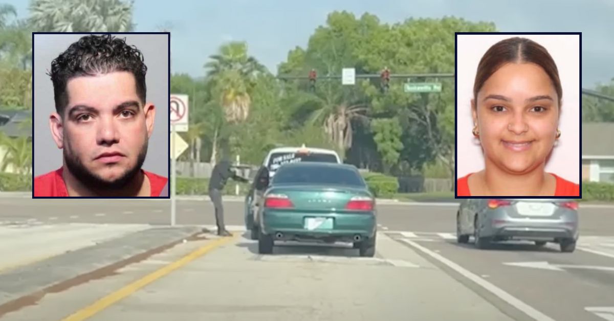 Miguel Aguasvivas on the left; Katherine Aguasvivas on the right; inset against an image of Katherine being carjacked in Florida.