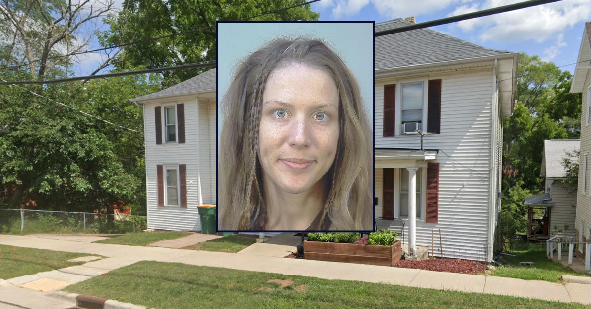 Jamie Anderson appears in a booking photo inset against an image of the residence where she allegedly attempted to kill her father with an orange knife.