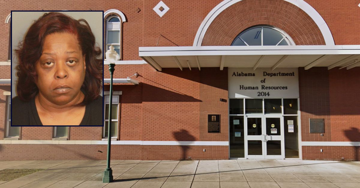 Kela Stanford appears in a booking photo inset against an image of the Alabama Department of Human Resources building in Bessemer.