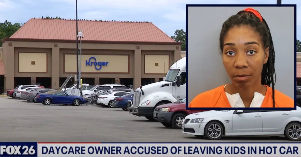 Inset: Domonique L. Wilson (Harris County Jail). Background: The Kroger where Wilson allegedly left five kids inside a hot car to go shopping (KRIV).