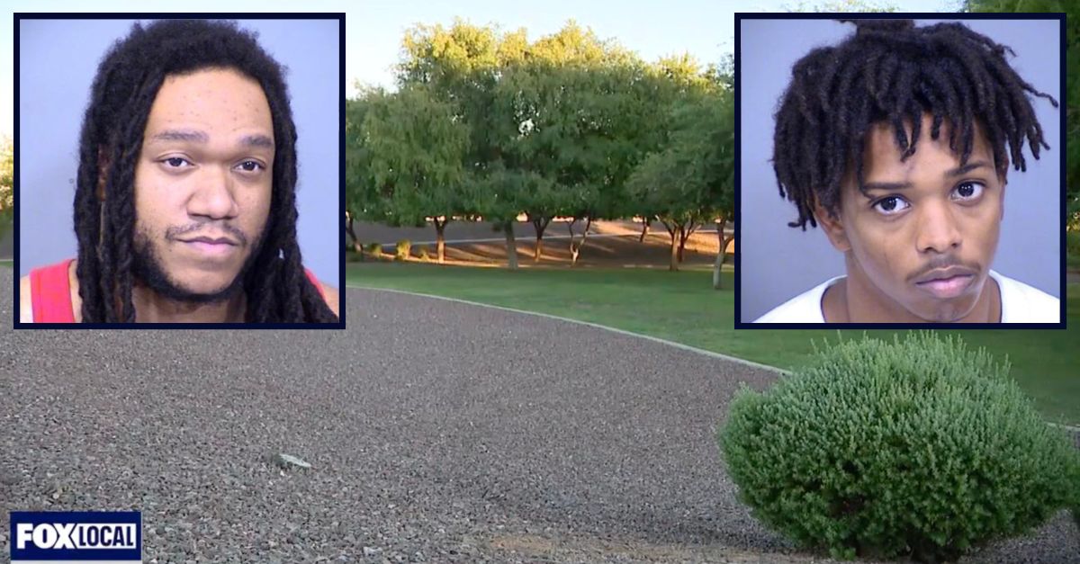 Inset, left to right: Jurrell Davis and Jachri James-Gillett (Maricopa County Jail). Background: The park where Davis and James-Gillett allegedly killed the juvenile pregnant with Davis