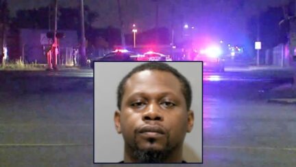 Inset: Jamarr Hill (Detroit Police Dept.). Background: Authorities at the home where Hill killed his 8-year-old stepson (WJBK).