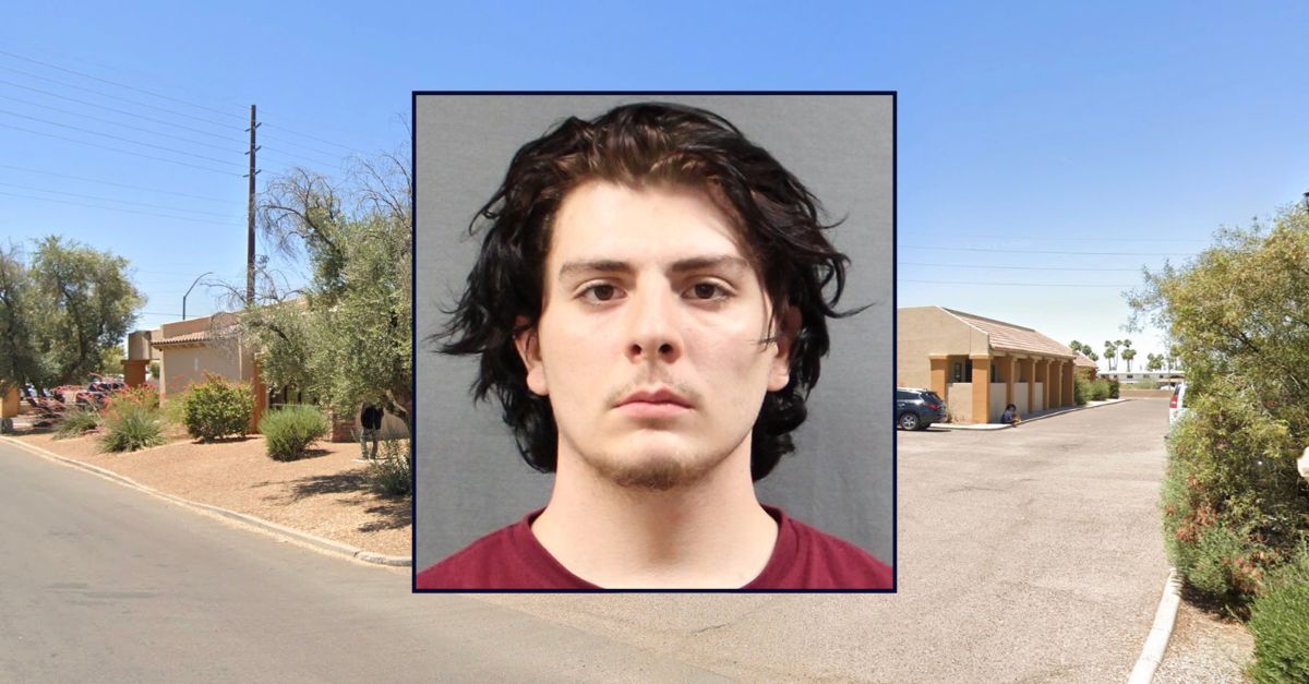 Inset: Jonathan Enriquez (Mesa Police Dept.). Background: The area in Arizona where Enriquez allegedly beat his newborn daughter to death (Google Maps).