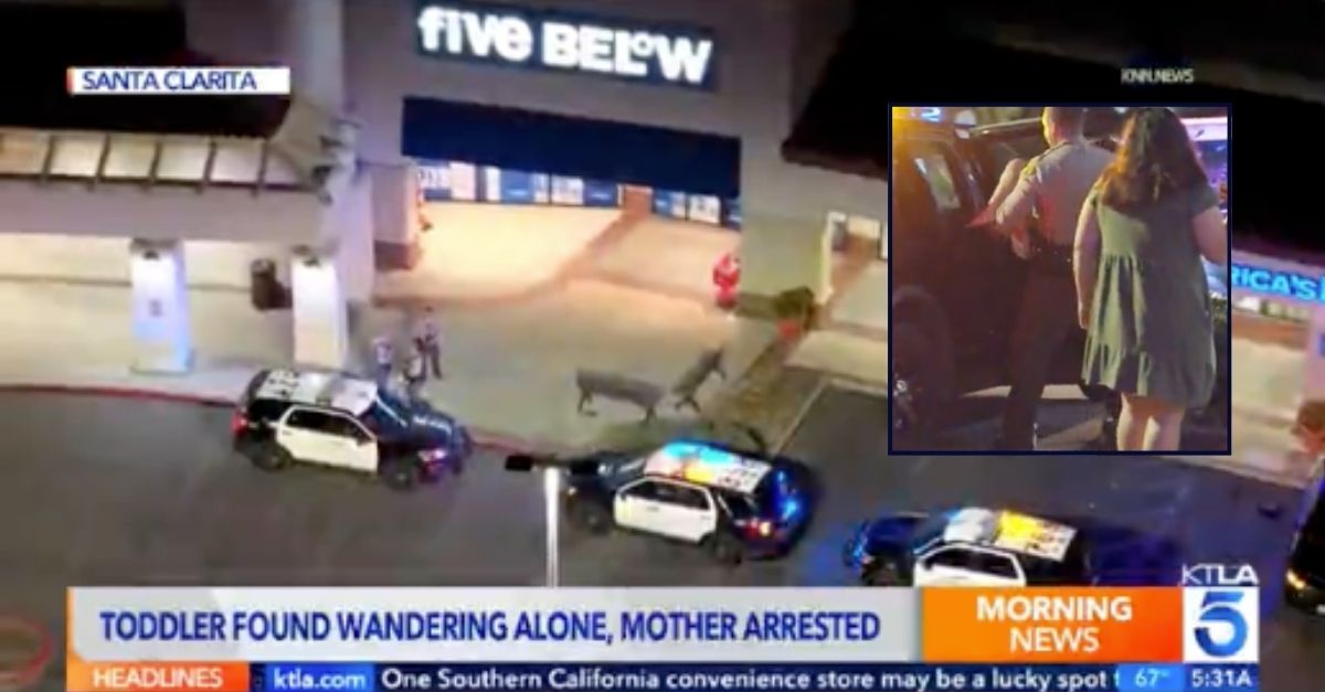 Background: The Five Below store where police found a girl who had wandered away from home in the Santa Clarita Valley, Calif. (YouTube/KTLA). Inset: Law enforcement taking the girl into custody (YouTube/KTLA).