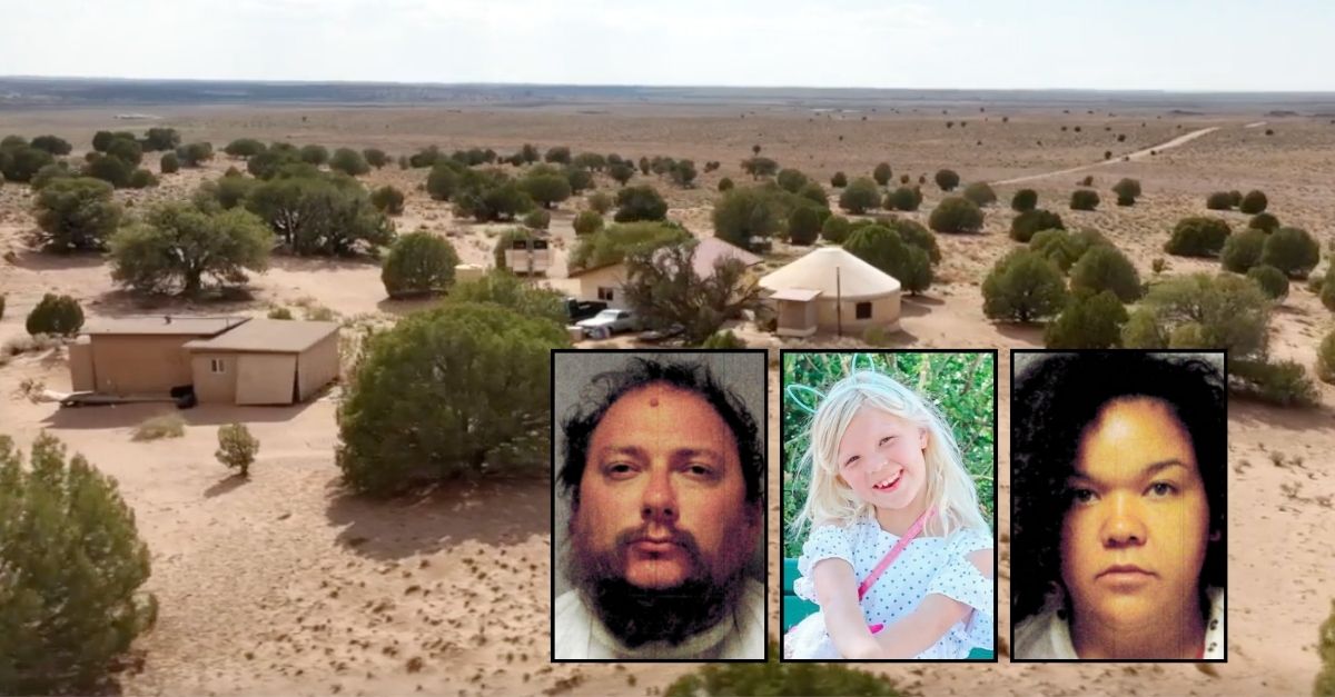 Left inset: Richard Baptiste (Apache County). Center inset: Rebekah Baptiste (GoFundMe). Right inset: Anicia Woods (Apache County). Background: The rural Arizona property where Richard Baptiste and Anicia Woods allegedly subjected Rebekah Baptiste to deadly abuse and punishments (KNXV).