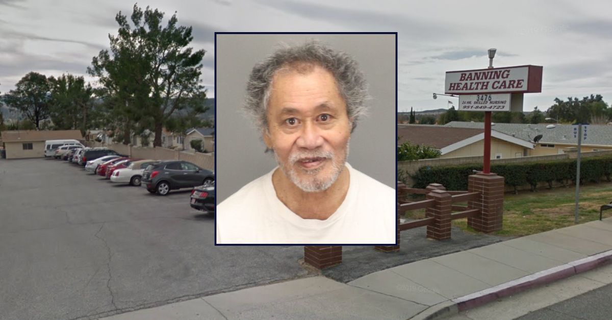 Sam Timaloa appears in a booking photo inset against an image of an assisted living facility in Banning, California.