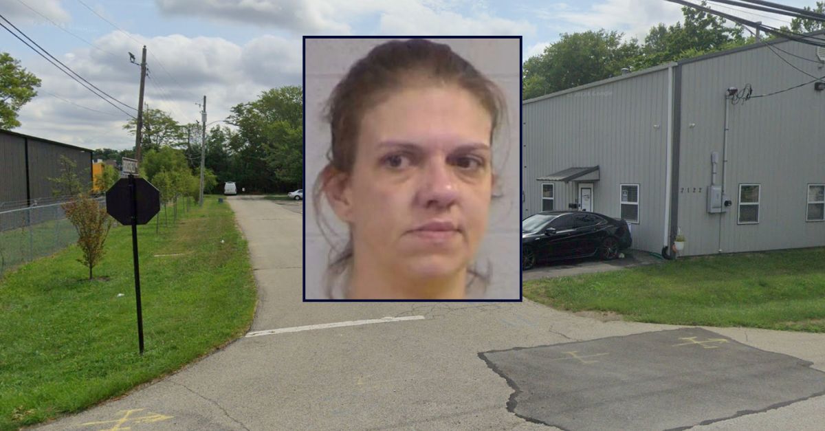 Sara McQuilling appears in a booking photo inset against an image of an area near where a dead man