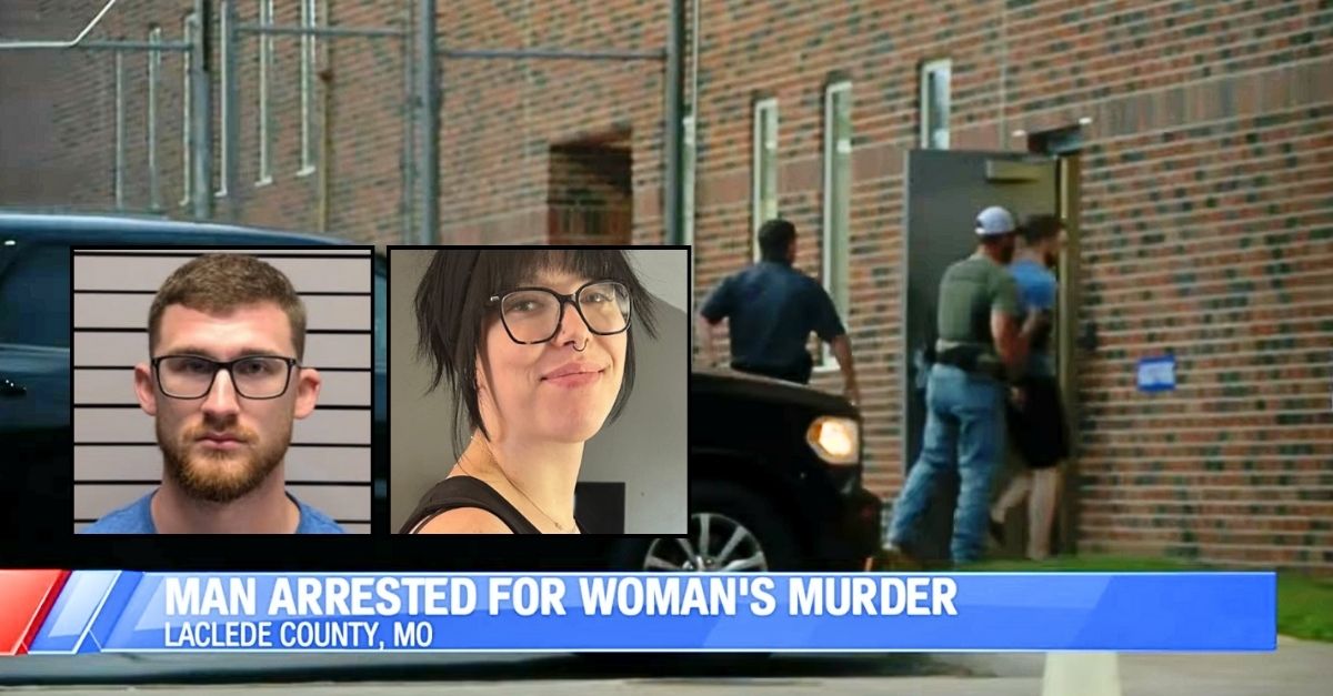 Left inset: Sidney Wilson V (Lebanon Police Department). Right inset: Reagan Wilson (Meal Train). Background: Sidney Wilson V being taken into custody for allegedly murdering his estranged wife, Reagan Wilson in June 2025 (Ozarks First).