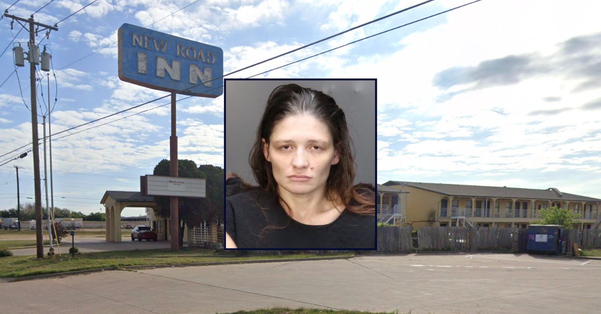 Skylynn Tuerk appears in a booking photo inset against an image of the hotel where her 3-month-old starved to death.