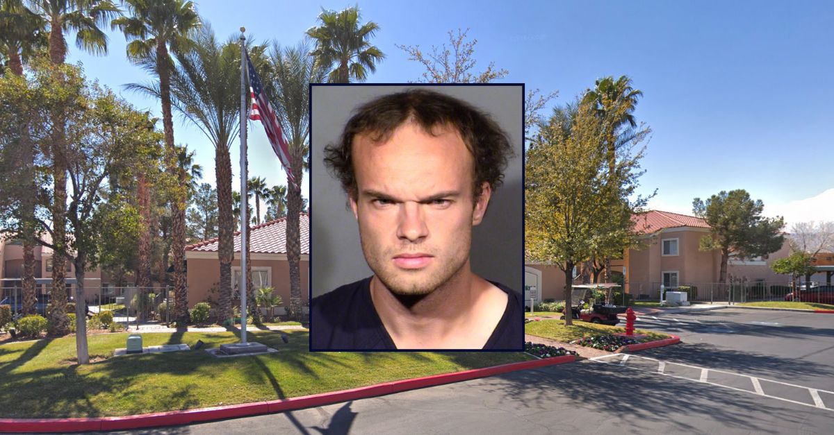 Spencer McDonald appears in a booking photo inset against the apartment complex where he killed three people.