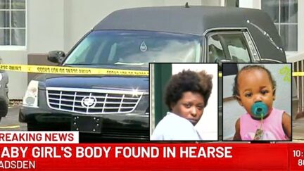 Left inset: Terica Pearl being led into court by police in Etoway County, Ga. (WBRC). Right inset: Blessence Pearl (West Gadsden Funeral Home). Background: The hearse at the West Gadsden Funeral Home in Gadsden, Ala., where Terica Pearl allegedly discarded 1-year-old Blessence Pearl (WBRC).
