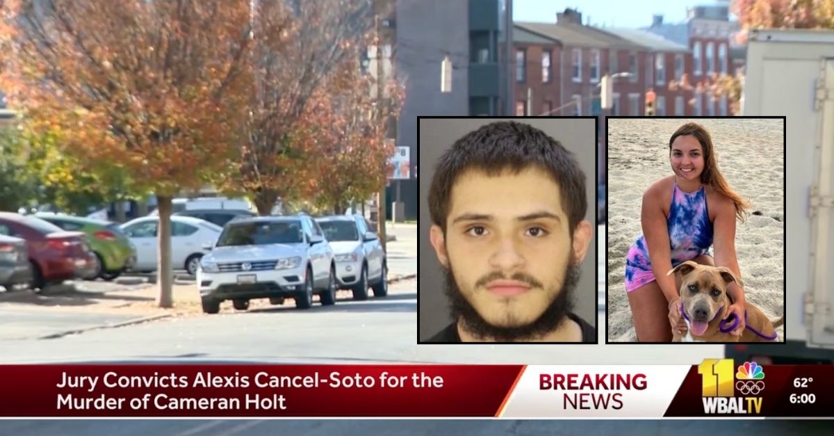 Left inset: Alexis Cancel-Soto (Baltimore Police). Right inset: Cameran Holt (Stallings Funeral Home). Background: The area in Baltimore, Md., where Alexis Cancel-Soto shot and killed Cameran Holt in October 2024 (WBAL/YouTUbe).