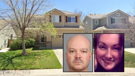 Left inset: David O'Grady (Arapahoe County Sheriff's Office). Right inset: Taylor Dawn Last (GoFundMe). Background: The home where David O'Grady allegedly killed Taylor Last in Aurora, Colo., on September 7, 2025 (Google Maps).