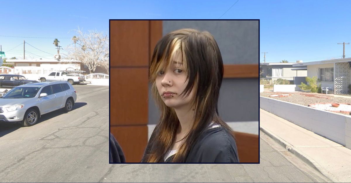 Inset: Allysandra Blea (Law&Crime Network). Background: The block in Las Vegas where Blea allegedly shot and killed her boyfriend last week (Google Maps).
