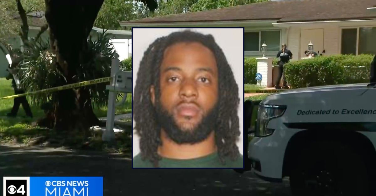 Inset: Isaiah Collins (Pembroke Pines Police). Background: Authorities at the Florida home where Collins allegedly killed a man and a woman last week (WFOR).