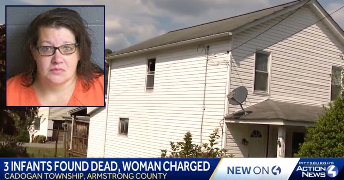 Inset: Jessica M. Mauthe (Armstrong County Jail). Background: The home where Mauthe allegedly hid 3 dead infants prior to her eviction (WTAE).