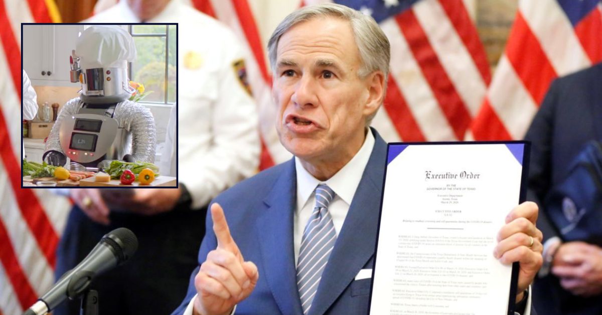 Main: Texas Gov. Greg Abbott holding executive order during a press conference in the Texas State Capitol on March 29, 2020 (Tom Fox/The Dallas Morning News via AP). Inset: Robot chef from 2019 H-E-B commercial (YouTube).