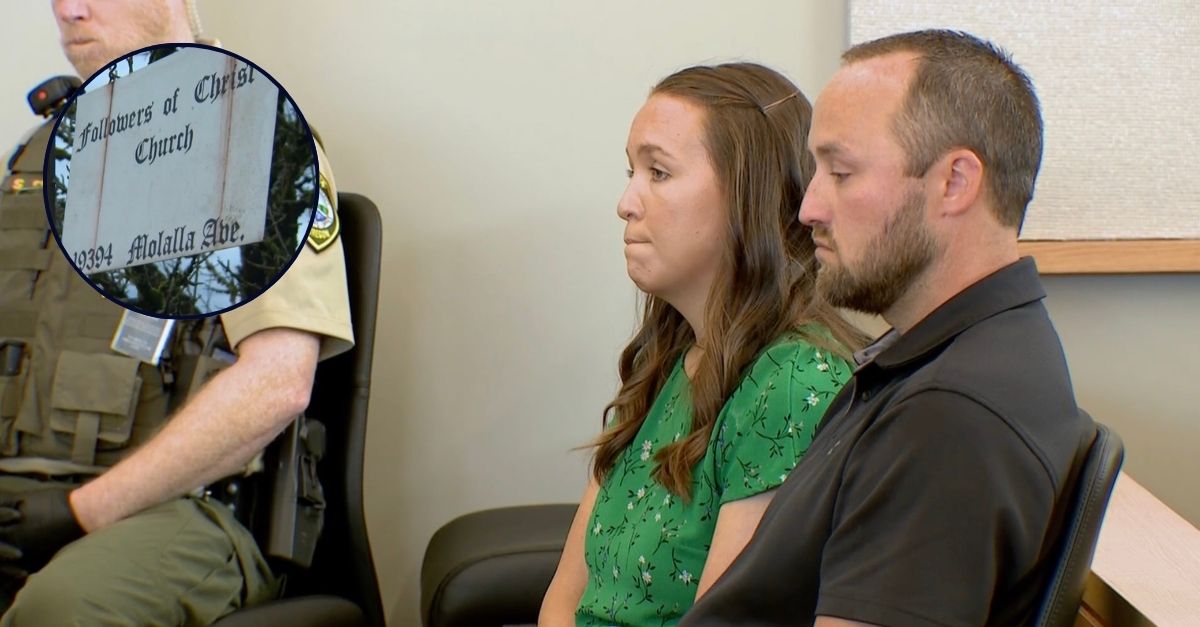 Main: Blair and Taylor Edwards in court on Monday, Sept. 8 (KGW). Inset: The sign outside of the Followers of Christ church in Oregon City (KGW).