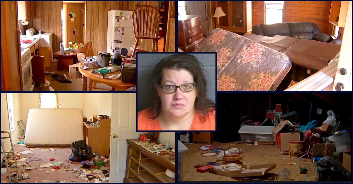 Inset, center: Jessica M. Mauthe (Armstrong County Jail). Background: Images from inside the home Mauthe where Mauthe allegedly hid four dead babies (WPXI).