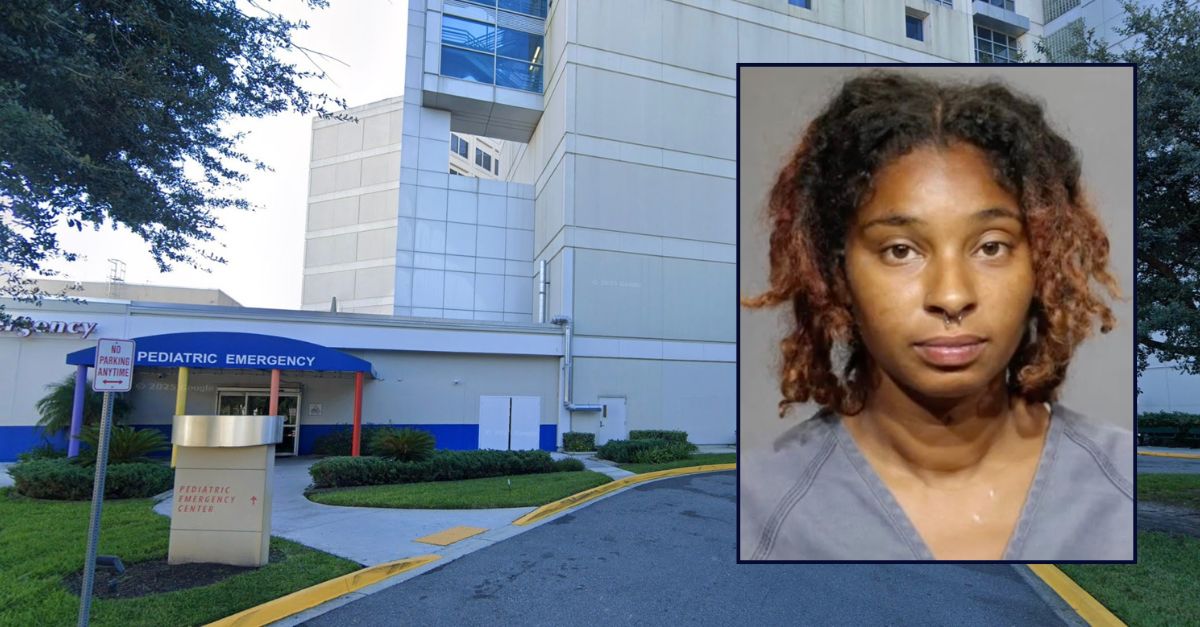 Inset: Cheyenne Pope (Duval County Jail). Background: UF Health Hospital in Jacksonville, where authorities say the victim was treated after ingesting cocaine and fentanyl (Google Maps).