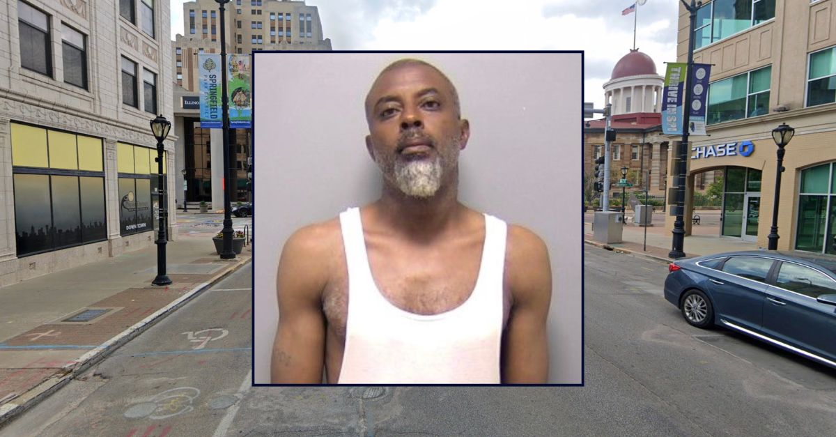 Inset: Montez Edward Bolden (Springfield Police Department). Background: The area in Springfield, Illinois where Bolden allegedly tried to kill a man in a wheelchair (Google Maps).