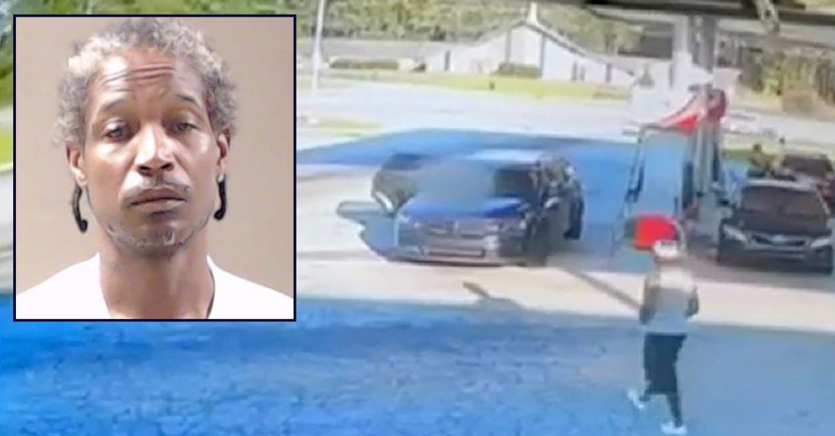 Inset: Dante Lamar Daugherty (DCSO). Background: Daugherty coming out of the Texaco gas station (WSB)